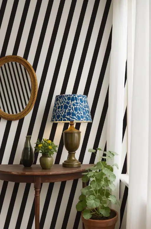 Mur décoré avec des rayures diagonales, idée design et décoration d’intérieur moderne